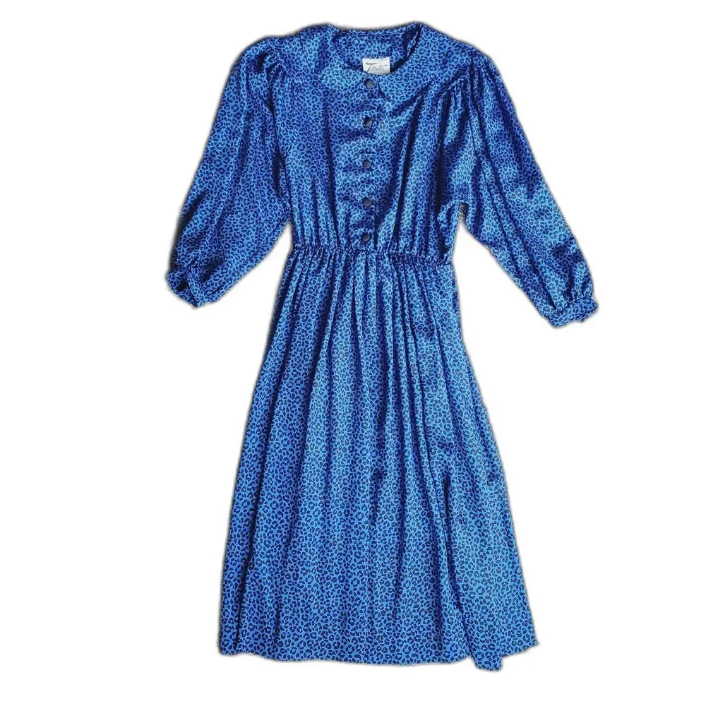 Vintage Tribute Blue Animal Print Dress Elastic Waist Long Sleeve Size M GUC - Picture 2 of 14